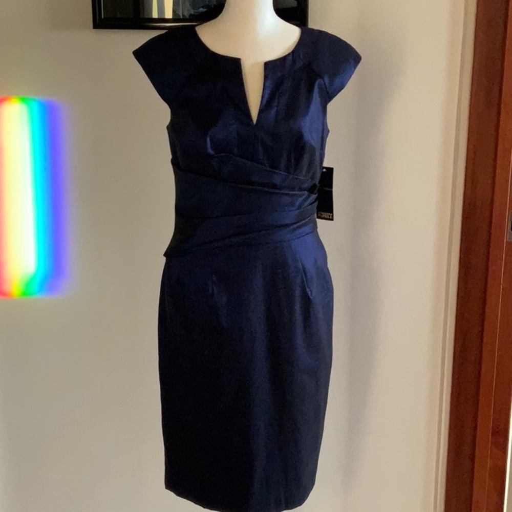 Adrianna Papell Blue Sheath Cocktail Dress with Flutter Sleeves
